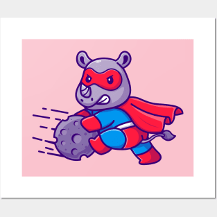 Cute Rhino Superhero Stopping Meteor Cartoon Posters and Art
